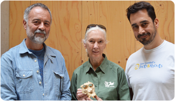 Salvador Moyà (ICP), Jane Goodall (IJG) i Federico Bogdanowicz (IJG Espanya) amb la rèplica del crani