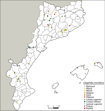 Mapa dels Països Catalans dels jaciments paleontòlogics amb vertebrats. ICP