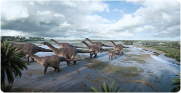 Artwork of a group of titanosaurs moving through the Cretaceous paleoenvironment of the present-day Pyrenees.