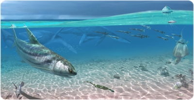 Recreación del paleoambiente marino de Cataluña durante el Triásico (Oscar Sanisidro / Instituto Català de Paleontologia Miquel Crusafont).