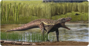 Recreación del aspecto en vida de un arcosaurio y del paleoambiente del Triásico (Oscar Sanisidro / Institut Català de Paleontologia Miquel Crusafont)