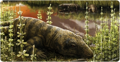 Recreation of the life appearance of three individuals (one adult in the foreground and two juveniles in the background) of Tramuntanasaurus tiai among horsetails (equisetums) in a Permian floodplain of Mallorca