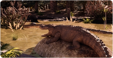 Recreación paleoambiental de la zona de Fontllonga hace unos 70 millones de años con el cocodrilo en primer plano y un titanosaurio al fondo